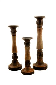 Benzara Mango Wood Vintage Style Candleholder/Candlestick, Set of 3, Brown