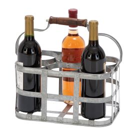 6 Bottle Farmhouse Metal Wine Holder with Wooden Handle, Gray