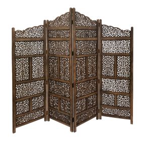 Benzara Hand Carved Foldable 4 Panel Wooden Partition Screen/RoomDivider,Brown