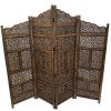 Benzara Hand Carved Foldable 4 Panel Wooden Partition Screen/RoomDivider,Brown