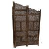 Benzara Hand Carved Foldable 4 Panel Wooden Partition Screen/RoomDivider,Brown