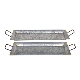 Rectangular Shaped Metal Galvanized Trays, Set Of 2, Silver