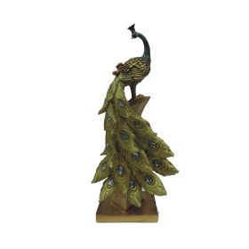 Polystone Decorative Peacock Figurine with Block Stand, Green and Gold