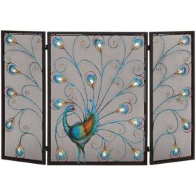 Peacock Themed Metal 3 Panel Fireplace Screen, Multicolor