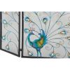 Peacock Themed Metal 3 Panel Fireplace Screen, Multicolor