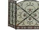 Traditional 3 Panel Metal Fire Screen With Filigree Design, Bronze