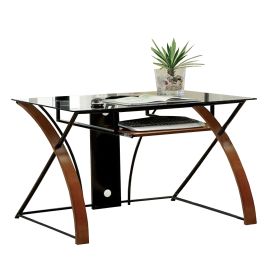 Glass Top Computer Desk with Z Shaped Metal Legs, Brown and Black