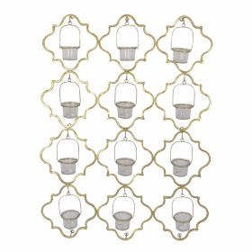 30 Inch Metal Wall Mount Candleholder, Glass, Quatrefoil Design, Gold