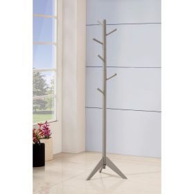 Free Standing Wooden Coat Rack with Six Hooks and Tripod Base, Gray