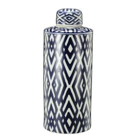 Ceramic Lidded Large Jar with Abstract Pattern, Blue And White