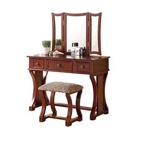 Modish Vanity Set Featuring Stool And Mirror Cherry Brown