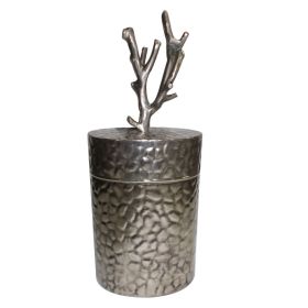 21 Inch Lidded Metal Jar, Textured Body, Branched Finial, Silver