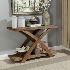 Wooden Sofa Table with Open Bottom Shelf and X Shaped Base, Antique Light Oak Brown