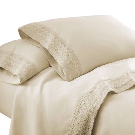 Udine 3 Piece Twin Size Microfiber Sheet Set with Crochet lace The Urban Port, Cream