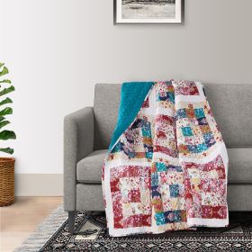 Zay 60 Inch Throw Blanket, Patchwork Floral Print, Teal Blue Microfiber