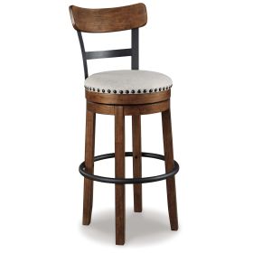 Zane 30 Inch Swivel Barstool, Round Cushioned Seat, Rich Brown Wood Frame