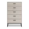 Zed 51 Inch 5 Drawer Chest, Natural Beige Wood Frame, Black Metal Base