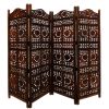 71 Inch 4 Panel Mango Wood Room Divider, Hand Carved, Sun & Moon Design, Brown