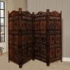 71 Inch 4 Panel Mango Wood Room Divider, Hand Carved, Sun & Moon Design, Brown