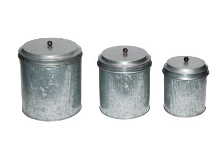 Benzara BM82052 Galvanized Metal Lidded Canister With Ribbed Pattern, Set of Three, Gray