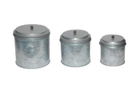 Benzara AMC0015 Galvanized Metal Lidded Canister With Ball Knob, Set of Three, Gray