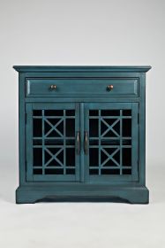 Craftsman Series 32 Inch Wooden Accent Cabinet with Fretwork Glass Front, Blue (Color: Blue)