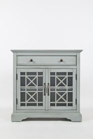 Craftsman Series 32 Inch Wooden Accent Cabinet with Fretwork Glass Front, Earl Gray (Color: Gray)