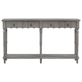 Tyra 63 Inch Console Sideboard Table, Grooved 4 Drawers, Turned Legs, Gray (Color: Gray)