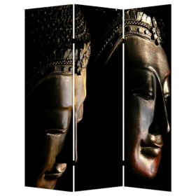 Brar 71 Inch 3 Panel Canvas Screen, Dual Sided Buddha Print, Black, Brown (Color: Brown, Black)