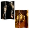 Brar 71 Inch 3 Panel Canvas Screen, Dual Sided Buddha Print, Black, Brown