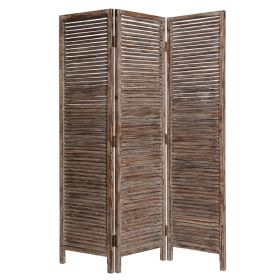 72 Inch 3 Panel Shutter Screen, Slatted Panels, Distressed Brown Finish (Color: brown)