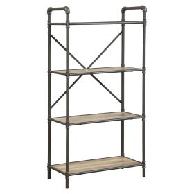 Three Tier Metal Bookshelf With Wooden Shelves, Oak Brown & Gray (Color: Brown And Gray)