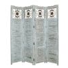 Wooden 4 Panel Screen with Textured Panels and Scrolled Details, White