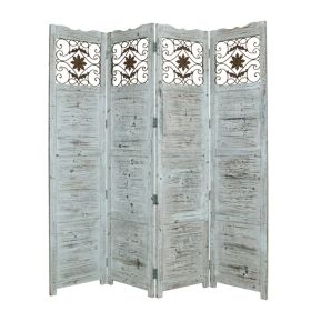 Wooden 4 Panel Screen with Textured Panels and Scrolled Details, White (Color: White)