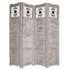 Wooden 4 Panel Screen with Textured Panels and Scrolled Details, White