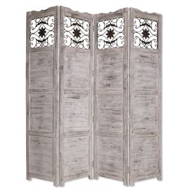 Wooden 4 Panel Screen with Textured Panels and Scrolled Details, White (Color: Gray)