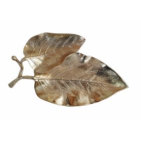 16 Inch Artisanal Dual Leaf Decorative Platter, Lightweight Aluminum, Gold (Color: gold)