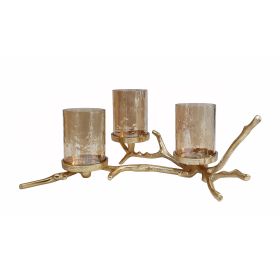 16 Inch 3 Pillar Candle Holder, Aluminum, Accented Frosted Glass, Gold (Color: gold)