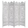 Handcrafted Wooden 4 Panel Room Divider Screen Featuring Lotus Pattern Reversible