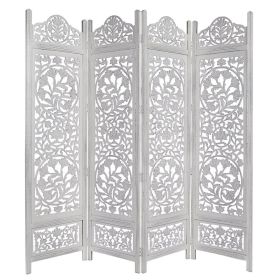 Handcrafted Wooden 4 Panel Room Divider Screen Featuring Lotus Pattern Reversible (Color: White)