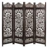 Handcrafted Wooden 4 Panel Room Divider Screen Featuring Lotus Pattern Reversible