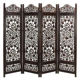 Handcrafted Wooden 4 Panel Room Divider Screen Featuring Lotus Pattern Reversible (Color: brown)